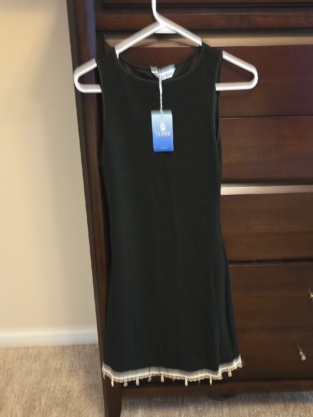 Cupshe Black Sleeveless Mini Dress with Cream Crochet Trim